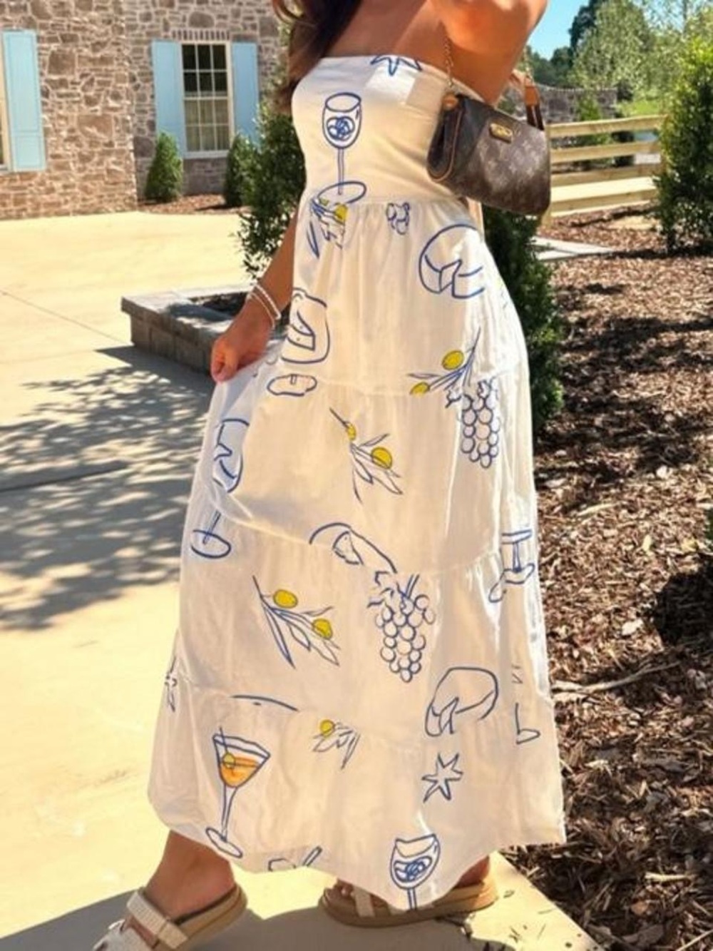 These Three Boutique Italian White dress with blue grapes, wines, cheese